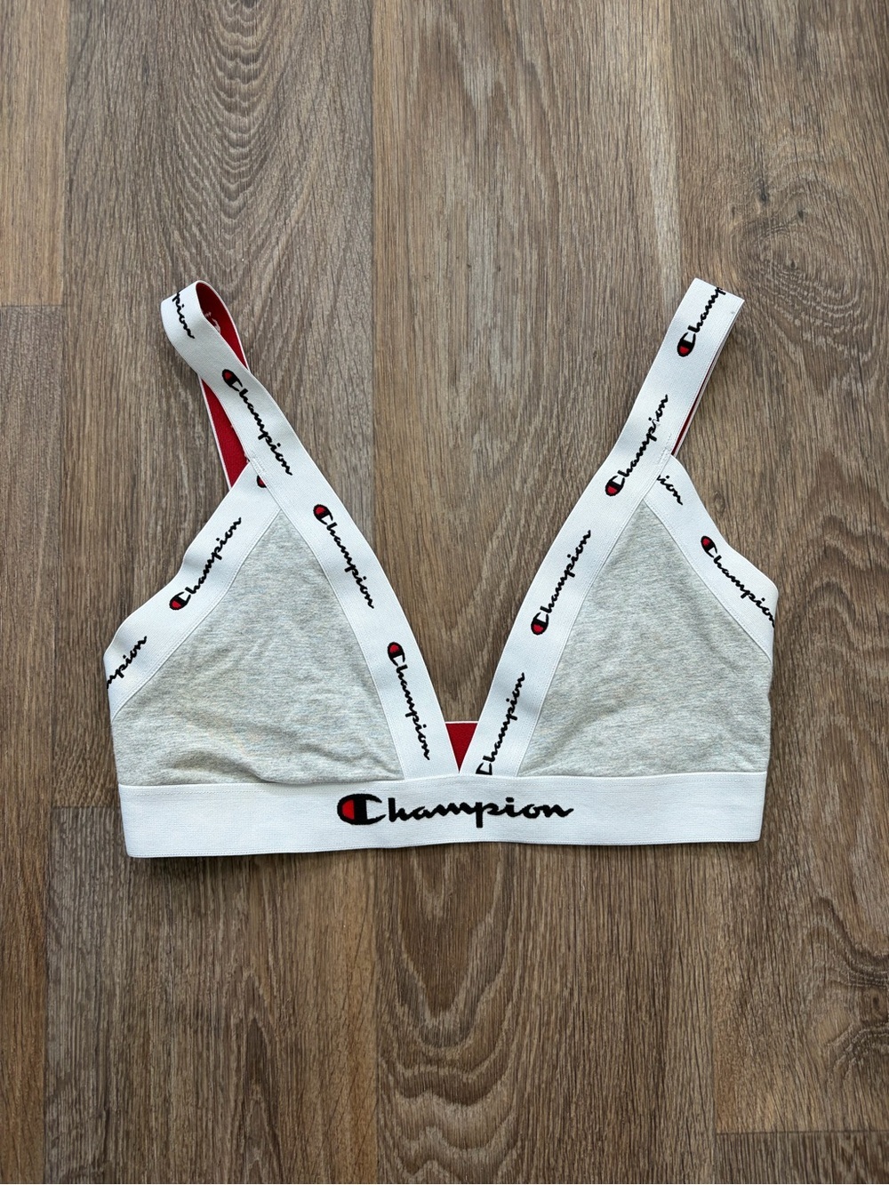 Champion Script Logo Bralette Sports Bra Gray White Red Size M Athletic Lounge